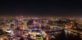 Epic night aerial view of the London, River Thames, London Eye. Panorama cityscape Royalty Free Stock Photo