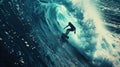 Epic Photo Of A Surfing Man With Giant Wave, Filmic Surf Background With Dramatic Atmosphere Royalty Free Stock Photo