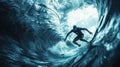 Epic Photo Of A Surfing Man With Giant Wave, Filmic Surf Background With Dramatic Atmosphere Royalty Free Stock Photo