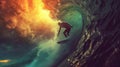 Epic Photo Of A Surfing Man With Giant Wave, Filmic Surf Background With Dramatic Atmosphere Royalty Free Stock Photo