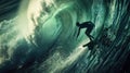 Epic Photo Of A Surfing Man With Giant Wave, Filmic Surf Background With Dramatic Atmosphere Royalty Free Stock Photo