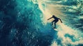 Epic Photo Of A Surfing Man With Giant Wave, Filmic Surf Background With Dramatic Atmosphere Royalty Free Stock Photo