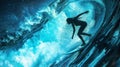 Epic Photo Of A Surfing Woman With Giant Wave, Filmic Surf Background With Dramatic Atmosphere Royalty Free Stock Photo