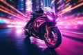 Epic Neon Futuristic Motorbiker Riding a Motorcycle At High Speed Illustration