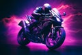 Epic Neon Futuristic Motorbiker Riding a Motorcycle At High Speed Illustration