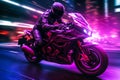 Epic Neon Futuristic Motorbiker Riding a Motorcycle At High Speed Illustration