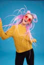 Epic portrait of happy woman dancing, excited emotional person. Young student Royalty Free Stock Photo