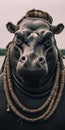 Epic Portraiture Of A Distinctive Black Hippo With Necklace