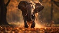 Epic Portraiture: Elephant Running Through Leaves With Warm Tones