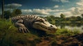 Epic Portraiture: Majestic Alligator Resting In Grassy Area