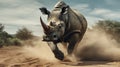 Epic Portraiture: Majestic White Rhino Running On A Dirt Road