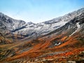 Beautiful himalayan mountain face scene from a campsite on roopkund trek in India. This picture shows three different layers of co