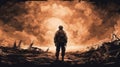 an epic sad war illustration of a lonely soldier, memorial day, ai generated image