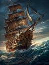 An epic sailing ship in a stormy ocean at sunset. AI generated