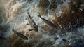 Epic salmon run photorealistic wide angle view of fish journeying upstream with strobe lighting