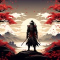 epic samurai wallpaper from behind, looking slightly to the right, face covered in the hood - intense and captivating warrior