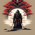 epic samurai wallpaper from behind, looking slightly to the right, face covered in the hood - intense and captivating warrior
