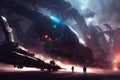 Epic scene of massive scifi machines in strange world