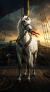 Epic scene of a powerful unicorn standing on the deck of a pirate ship. Royalty Free Stock Photo