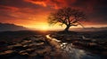 Solitary Sentinel: Majestic Autumnal Sunset with an Ancient Tree