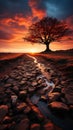Solitary Sentinel: Majestic Autumnal Sunset with an Ancient Tree