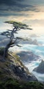Epic Sci-fi Fantasy: Coastal Cypress Tree And Tumultuous Ocean