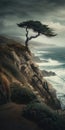 Epic Sci-fi Fantasy Image Of Ridge With Coastal Cypress Tree