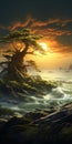 Epic Sci-fi Fantasy Image: Windblown Coastal Cypress Tree On Sandy Coastline