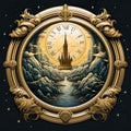 An epic scifi fantasy brand corporate logo, emblem or insignia, depicting space exploration, time travel and discovery