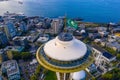 Epic shot Seattle Space Needle aerial pov