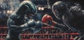 Epic showdown alien vs. Robot boxing match arena digital art dark atmosphere close-up sci-fi concept