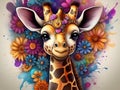 An epic splash art of bohemian steampunk cute and adorable little giraffe with flowers, animal, adorable, colorful painting
