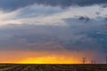 Epic sunset with rural landscape with high-voltage line Royalty Free Stock Photo