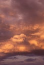 Epic sunset storm sky. Big cumulus thunderstorm clouds in red orange sunlight background texture Royalty Free Stock Photo