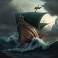 an old wooden sailing ship in the midst of stormy seas, mythological iconography, dark bronze, and green, generative ai