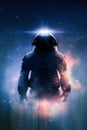 Epic view of an astronaut or cosmonaut in spacesuit in space with stars, nebula and galaxy around him.