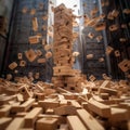 Epic View of Jenga Tower Toppling Down. Generative AI