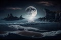 Epic Waterscape With Big Glowing Moon And Mountains At Night - Generative AI