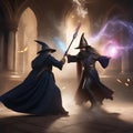 Epic wizard duel, Wizards engaged in a magical duel amidst swirling energy and arcane symbols4