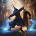 Epic wizard duel, Wizards engaged in a magical duel amidst swirling energy and arcane symbols1