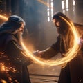 Epic wizard duel, Wizards engaged in a magical duel amidst swirling energy and arcane symbols3