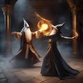 Epic wizard duel, Wizards engaged in a magical duel amidst swirling energy and arcane symbols4