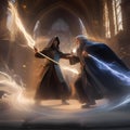 Epic wizard duel, Wizards engaged in a magical duel amidst swirling energy and arcane symbols2