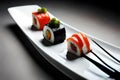 Epicurean Extravaganza: Close-up Shot of a Delectable Sushi Roll with Exotic Ingredients, Artistic Composition, and Stunning