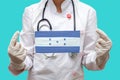 Epidemic in Honduras. Young woman doctor in a medical coat or suit and gloves holds a medical mask with the print of the flag of