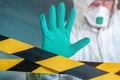 Epidemiologist gesturing Stop hand sign in coronavirus quarantine Royalty Free Stock Photo