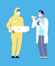 Epidemiologist and scientist. Virus research, chemical laboratory flat characters. Man in protective suit and doctor in Royalty Free Stock Photo