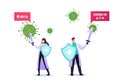 Epidemiology Concept. Tiny Doctors Characters in Medical Robe, Mask Hold Huge Shield and Sword Protecting of Virus Cell