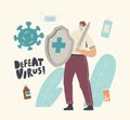 Epidemiology and Vaccination Concept. Tiny Male Character in Medical Mask Hold Huge Shield and Sword Protecting of Virus