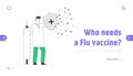 Epidemiology and Vaccination Website Landing Page. Doctor Hold Huge Syringe and Shield with Cross Protecting of Bacteria